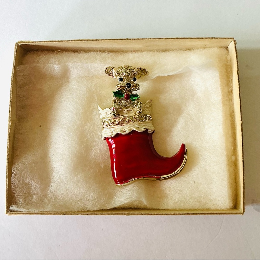 Vintage Brooch Signed Gerry’s, Enamel Christmas Poodle Boot in original box